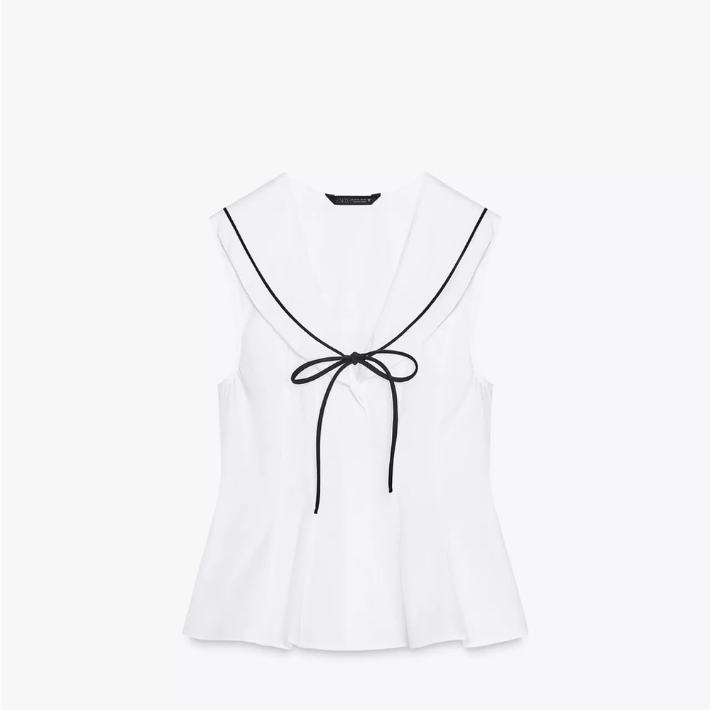 Zara NWT White Sleeveless Sailor Collar Top with Black Trim